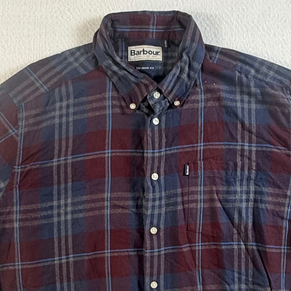 Barbour Button Down Shirt Mens Large Stapleton Highland Check Flannel Burgundy‎